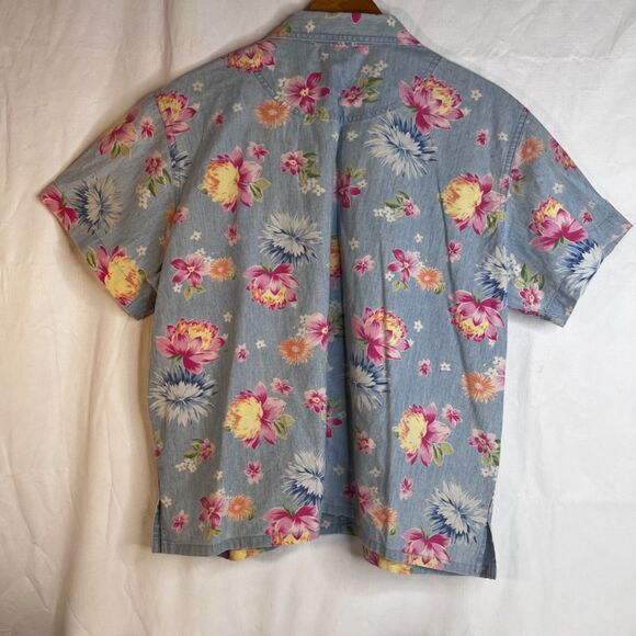 Liz Claiborne Floral Denim Shirt 100% Cotton Cottage Core Boho Size XL Button Up - Picture 2 of 9